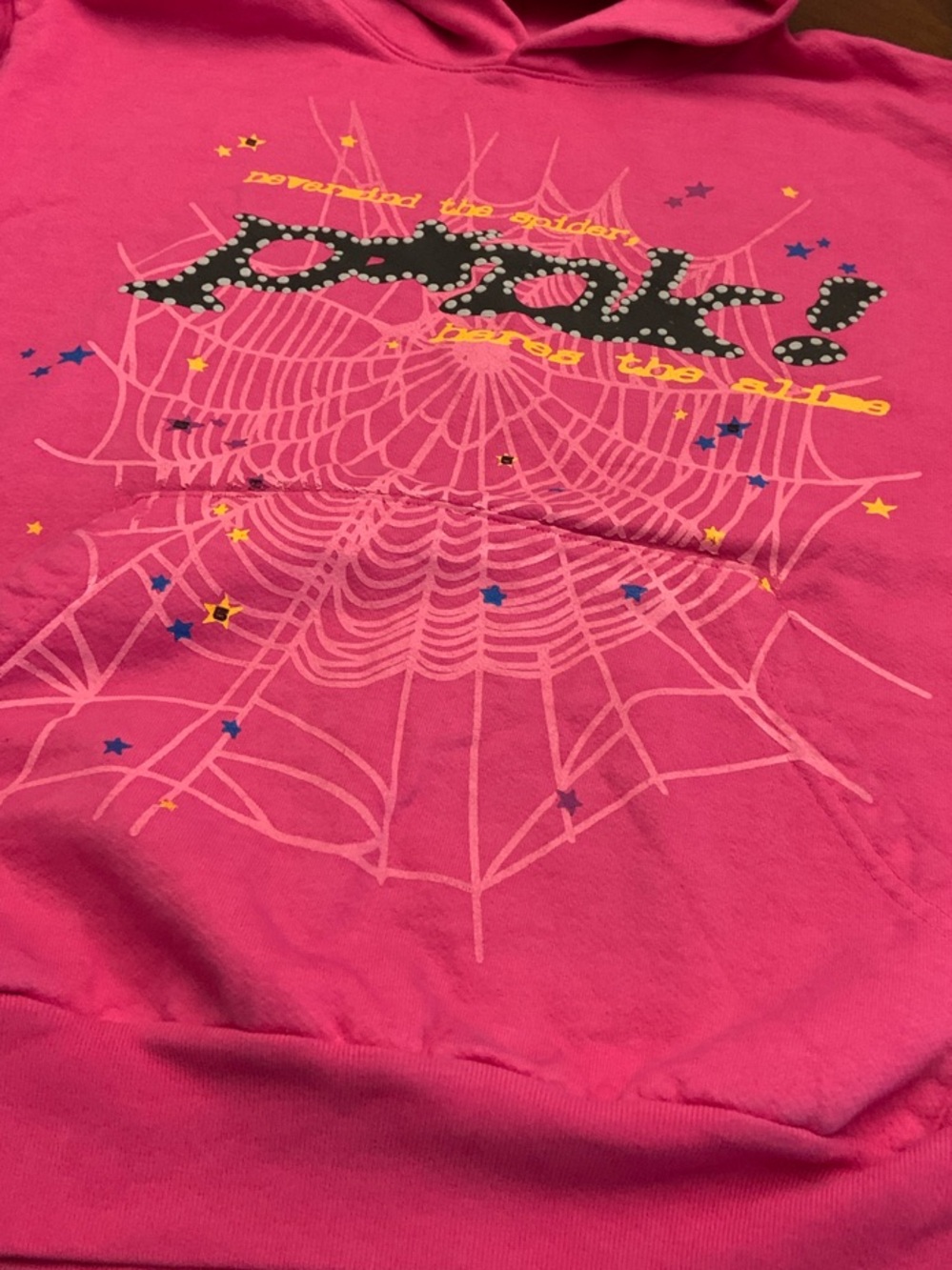 Sp5der official Graphic Hoodie with 'Rock!' Spiderweb Design